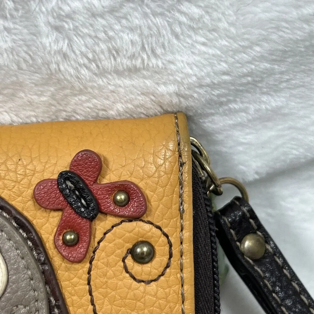 Chala Yellow Leather Zip-Around Wristlet with Sloth Applique
